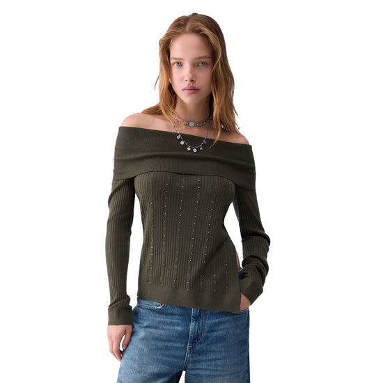 Maglia Donna con scollo bardot Verde modella frontale