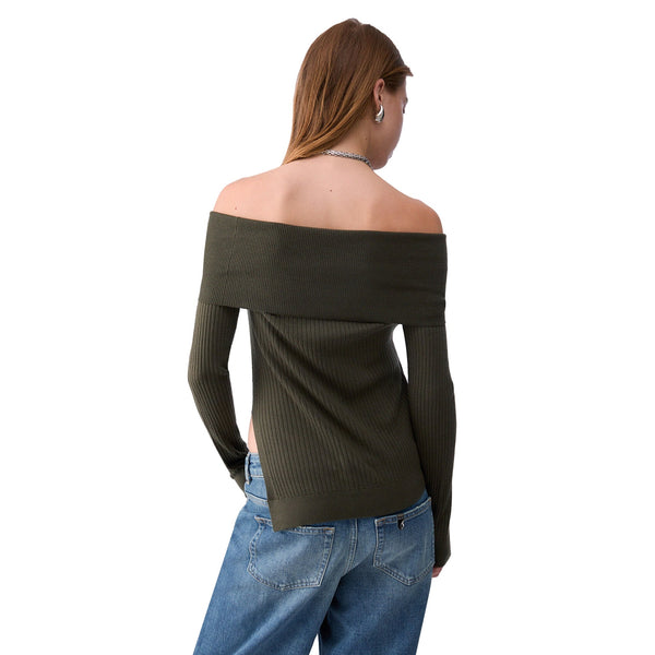 Maglia Donna con scollo bardot Verde modella retro