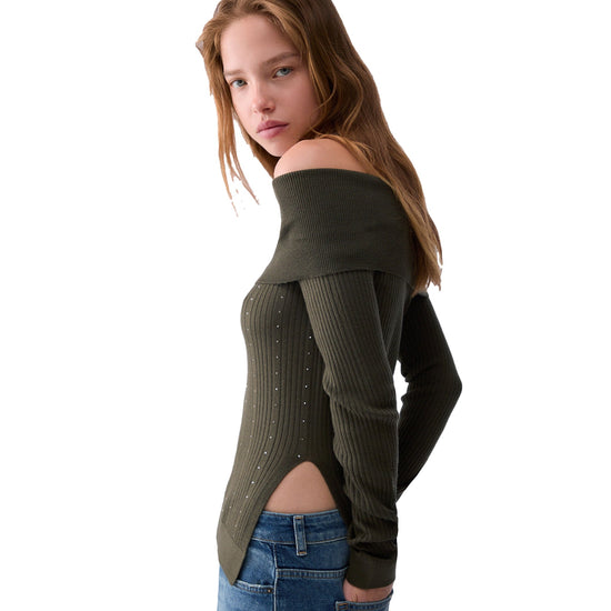 Maglia Donna con scollo bardot Verde modella laterale