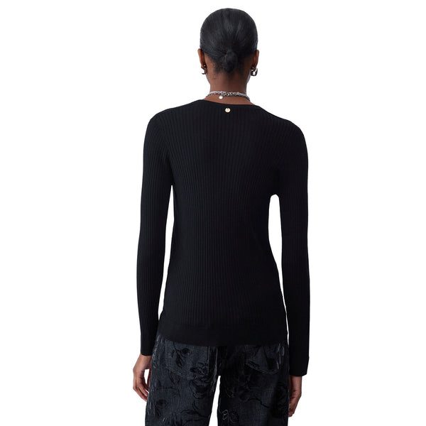 Maglia Donna in lana nera con scollo V modella retro