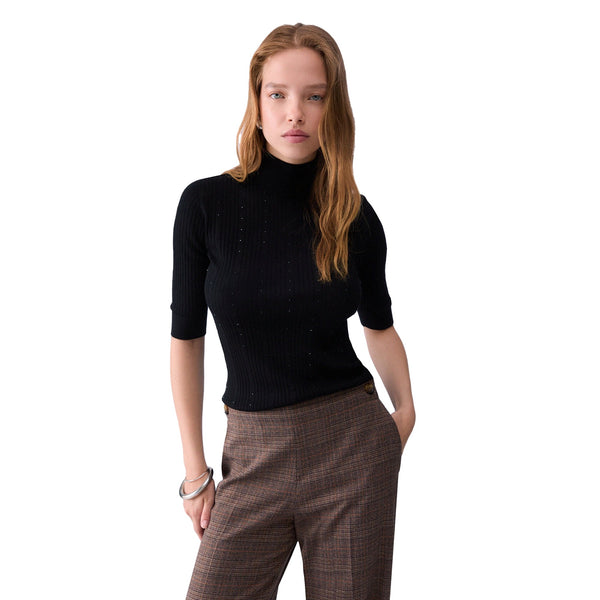 Maglia Donna con manica 3/4 e strass Nero modella frontale