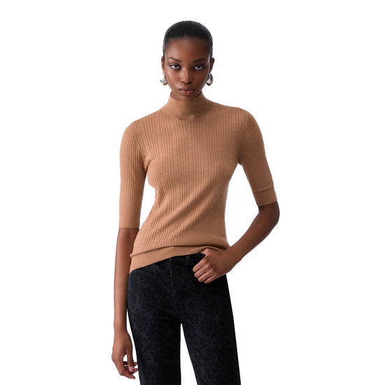 Maglia Donna con manica 3/4 e strass beige modella frontale