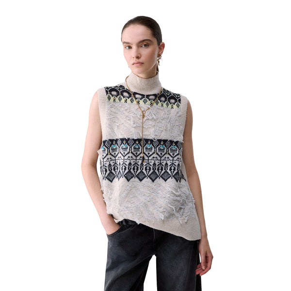 Gilet jacquard Donna con ricami gioielli Bianco modella frontale