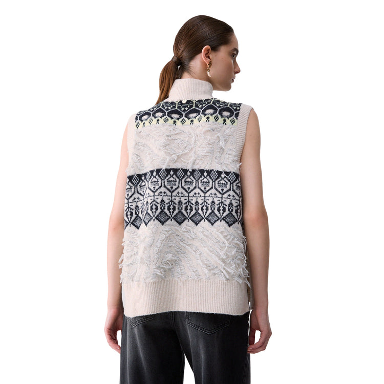 Gilet jacquard Donna con ricami gioielli Bianco modella retro
