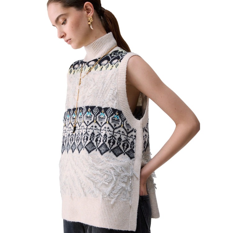 Gilet jacquard Donna con ricami gioielli Bianco modella laterale