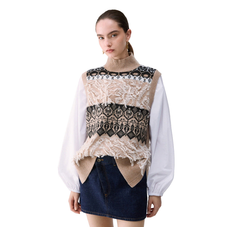 Gilet jacquard Donna con ricami gioielli Beige, modella frontale