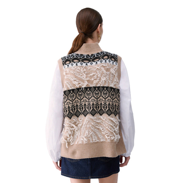 Gilet jacquard Donna con ricami gioielli Beige, modella retro