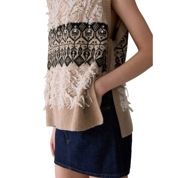Gilet jacquard Donna con ricami gioielli Beige dettaglio laterale