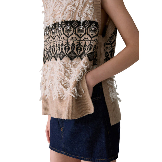 Gilet jacquard Donna con ricami gioielli Beige dettaglio laterale