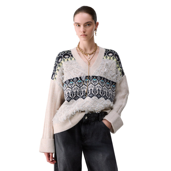 Maglia jacquard Donna con ricami gioiello Bianco modella frontale