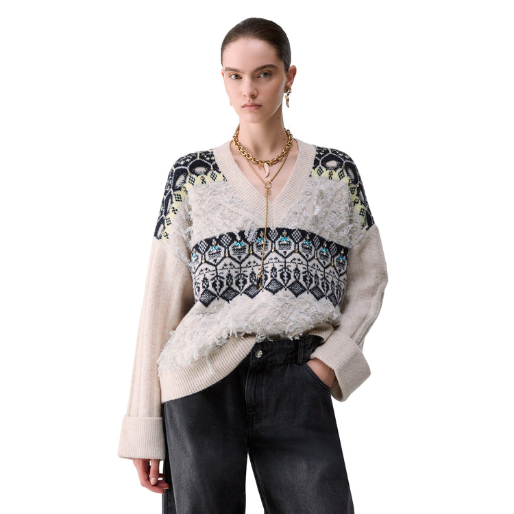 Maglia jacquard Donna con ricami gioiello Bianco modella frontale