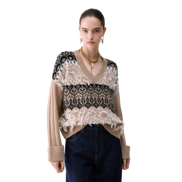 Maglia jacquard Donna con ricami gioiello Beige modella frontale