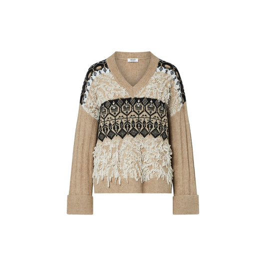 Maglia jacquard Donna con ricami gioiello Beige