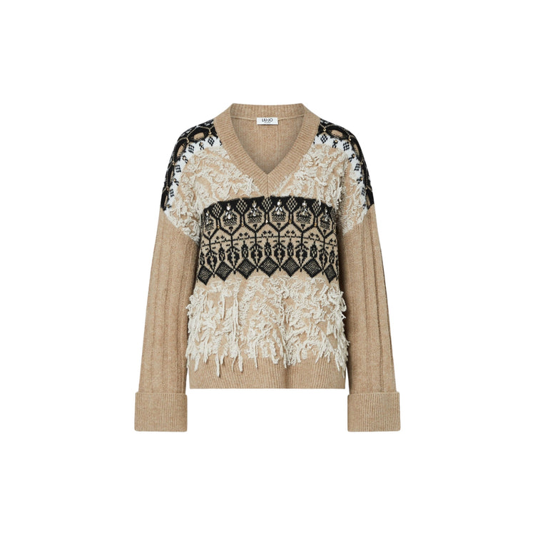 Maglia jacquard Donna con ricami gioiello Beige