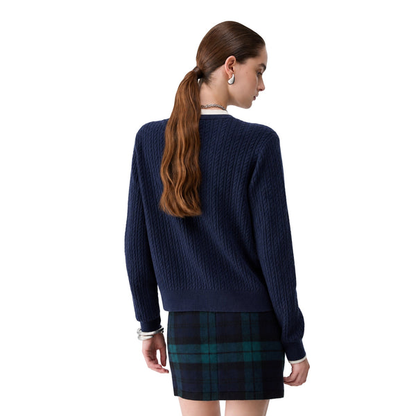 Cardigan Donna con inserto bimateriale e bottoni, modella retro