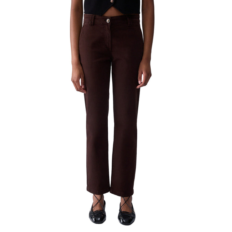 Pantalone Donna a sigaretta marrone scuro modella frontale