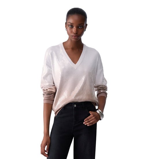 Maglia Donna con paillettes degradé beige modella frontale