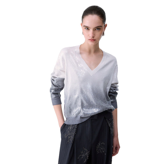 Maglia Donna con paillettes degradé grigio modella frontale