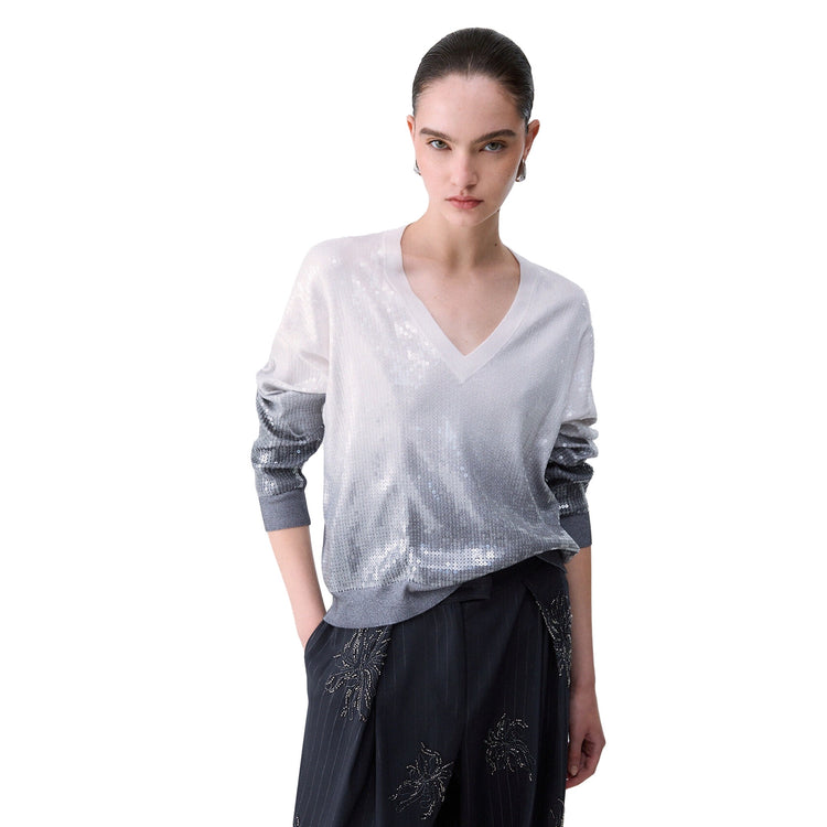 Maglia Donna con paillettes degradé grigio modella frontale