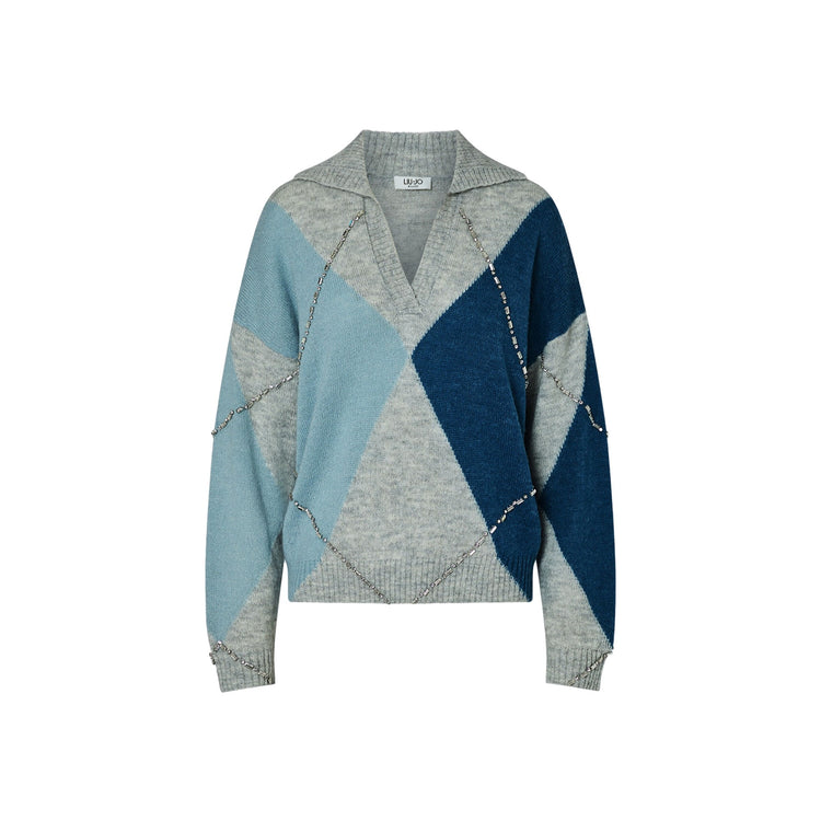 Maglione Donna con colletto polo, grigio, con decorazioni blu