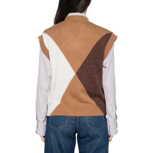 Gilet Argyle con ricami gioiello marrone modella retro