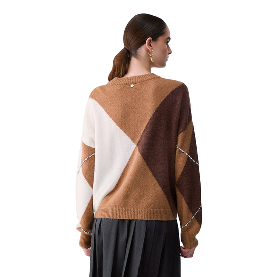 Maglione girocollo Donna a losange marrone, modella retro