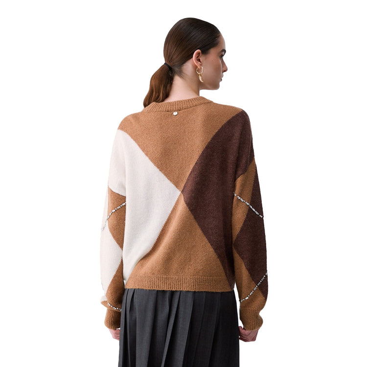 Maglione girocollo Donna a losange marrone, modella retro