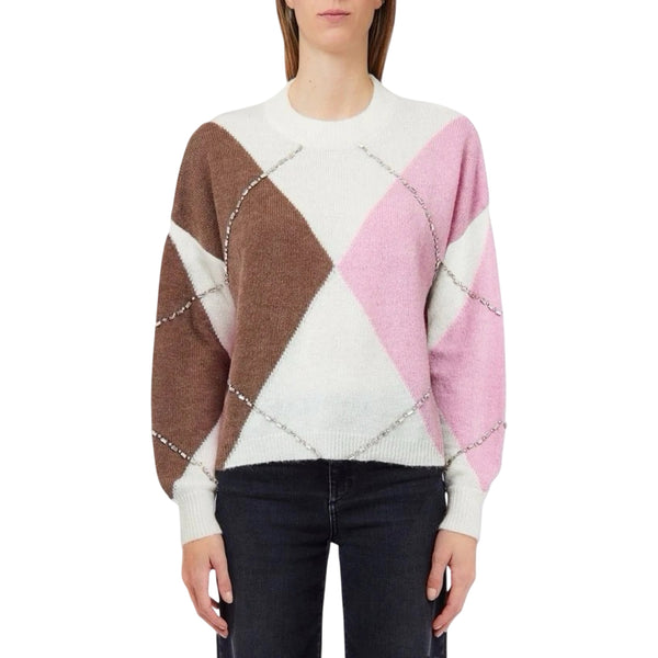 Maglione girocollo Donna a losanghe Rosa modella frontale