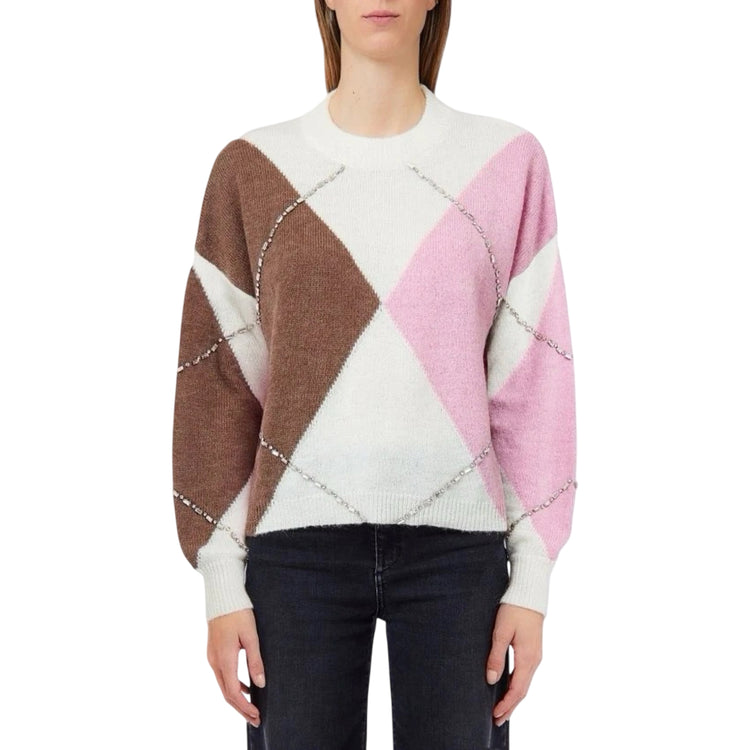 Maglione girocollo Donna a losanghe Rosa modella frontale
