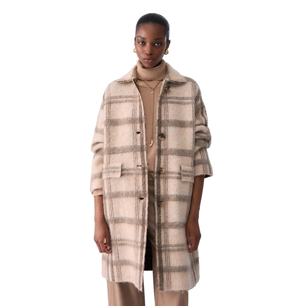 Cappotto jacquard Donna in maglia spazzolata, motivo check beige modella frontale
