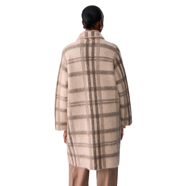 Cappotto jacquard Donna in maglia spazzolata, motivo check beige modella retro
