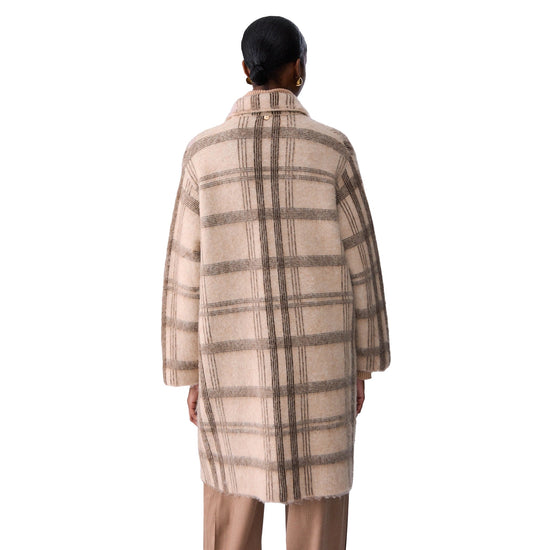 Cappotto jacquard Donna in maglia spazzolata, motivo check beige modella retro