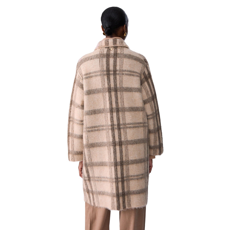 Cappotto jacquard Donna in maglia spazzolata, motivo check beige modella retro