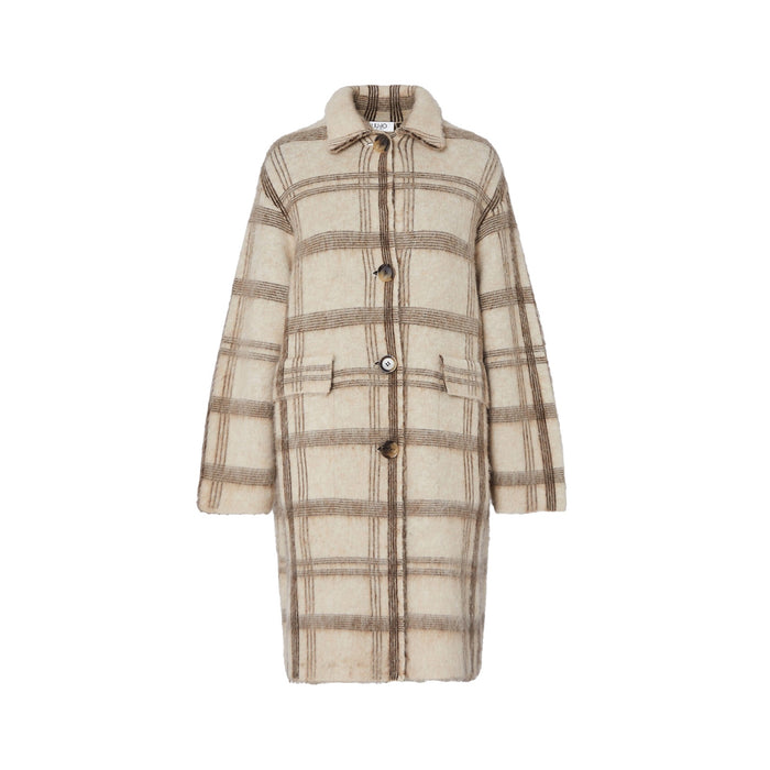 Cappotto jacquard Donna in maglia spazzolata, motivo check beige