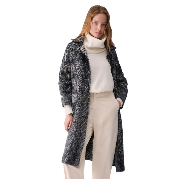 Cappotto jacquard Donna in maglia spazzolata grigio modella frontale