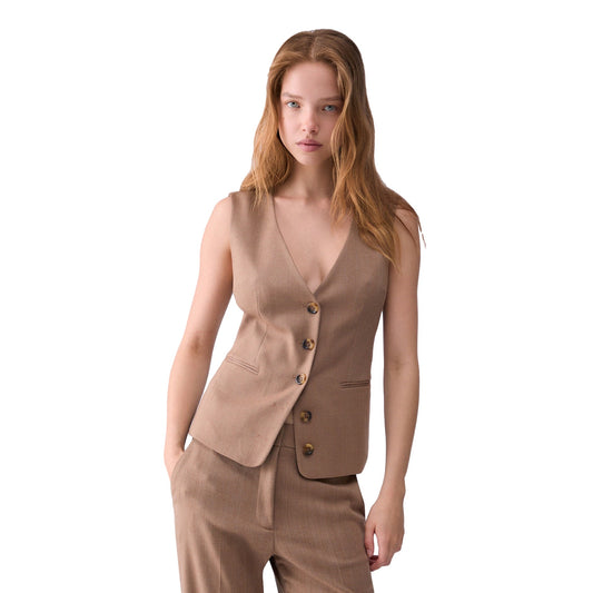 Gilet Donna con alamari posteriori Beige modella frontale