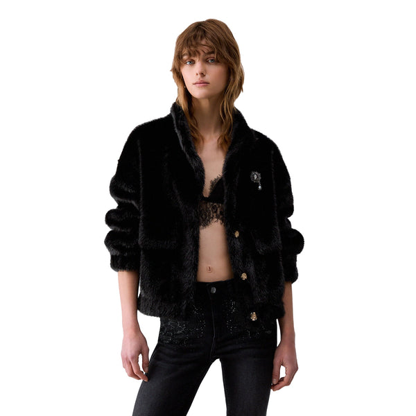 Giaccone Donna teddy nero con spilla modella frontale