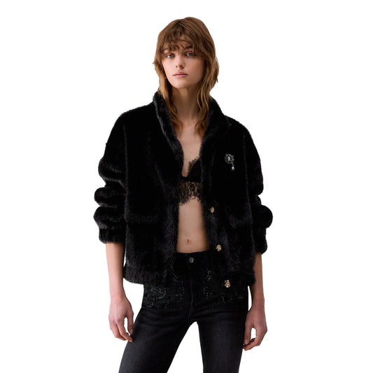Giaccone Donna teddy nero con spilla modella frontale