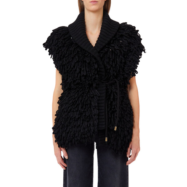 Cardigan Donna con laccio in vita Nero modella frontale