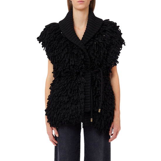 Cardigan Donna con laccio in vita Nero modella frontale