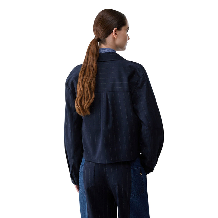 Camicia gessata Donna con taschino, modella retro