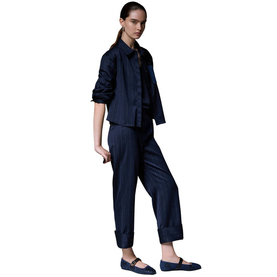 Pantalone gessato Donna a sigaretta Blu modella intera