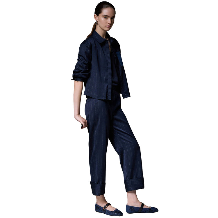 Pantalone gessato Donna a sigaretta Blu modella intera
