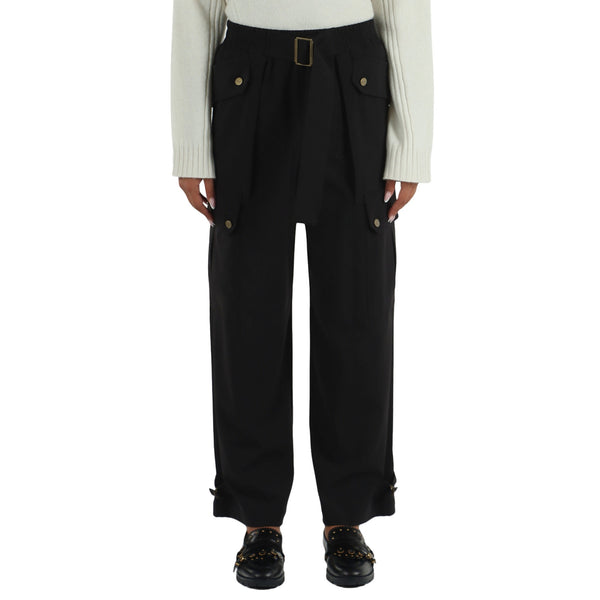 Pantalone cargo Donna in flanella nero, modella frontale