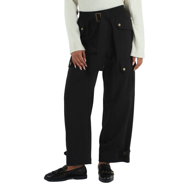 Pantalone cargo Donna in flanella nero, modella frontale