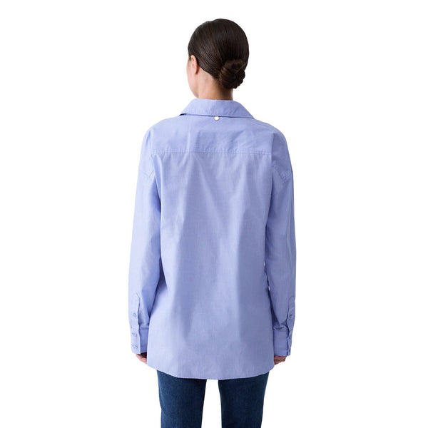 Camicia Donna con arricciature Azzurro modella retro