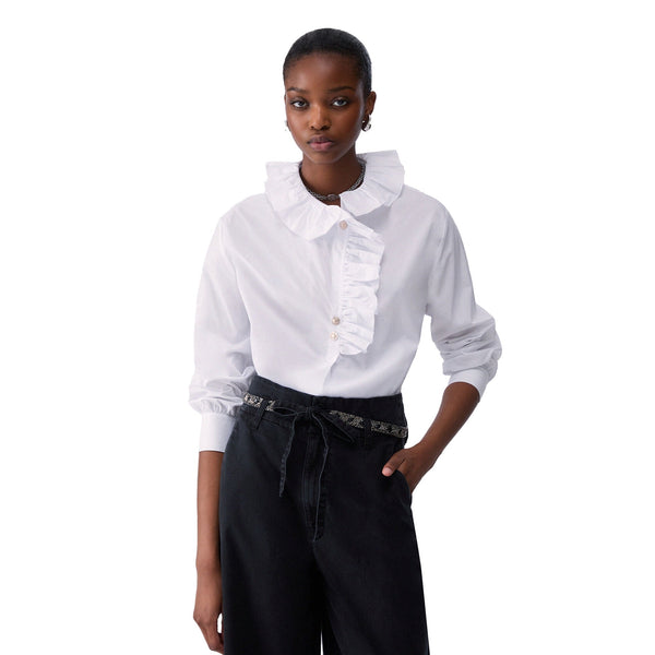 Camicia Donna con rouches in bianco modella frontale