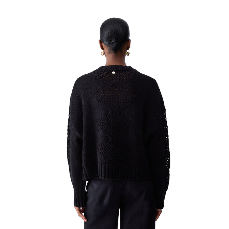 Maglione nero Donna con lavorazione traforata modella retro