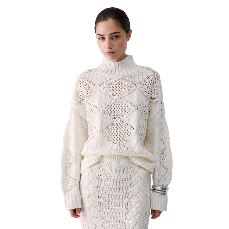 Maglione traforato Donna a collo alto Bianco, modella frontale