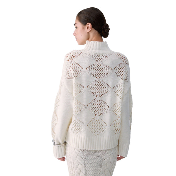 Maglione traforato Donna a collo alto Bianco, modella retro